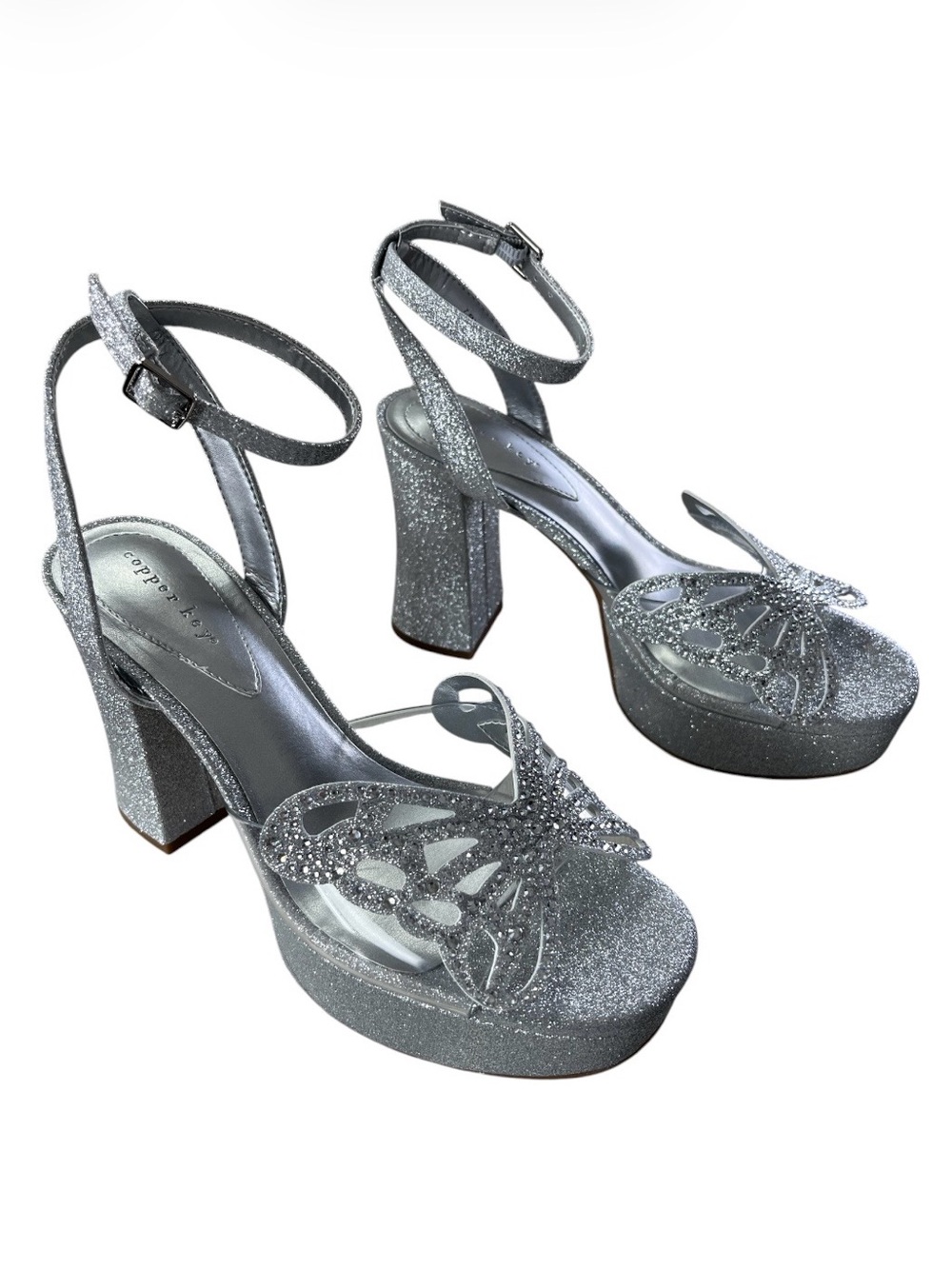 Copper Key Marigold Silver Glitter Butterfly. Rhinestone Platform Sandals 7,5 M